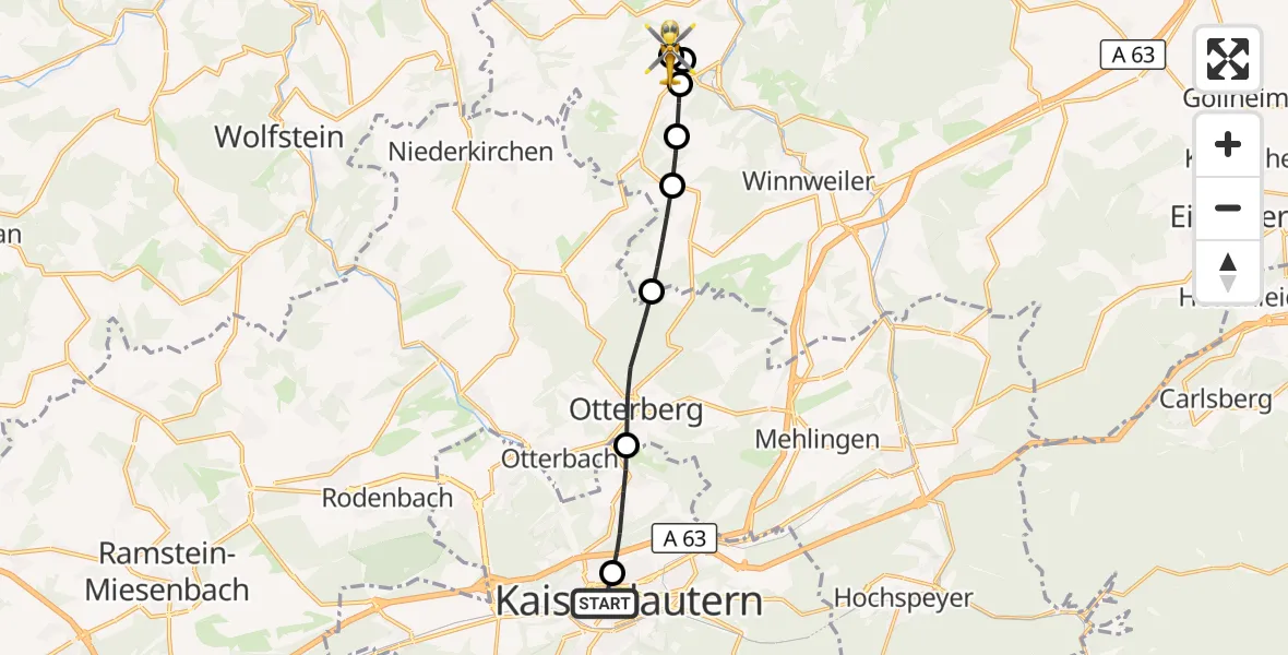 Flugroute Rettungshubschrauber Westpfalz Hospital Kaiserslautern - Rockenhausen, 14 September 2026, 15:15