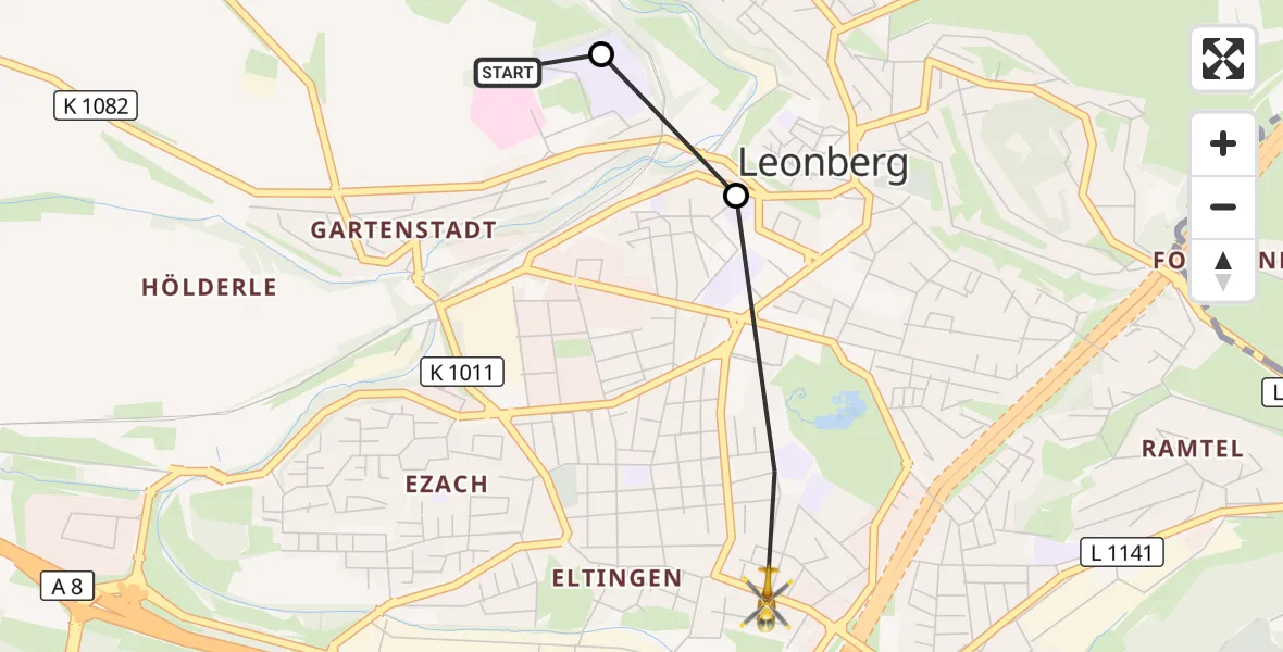 Flugroute Rettungshubschrauber Leonberg Hospital - Leonberg, 14 September 2026, 15:17