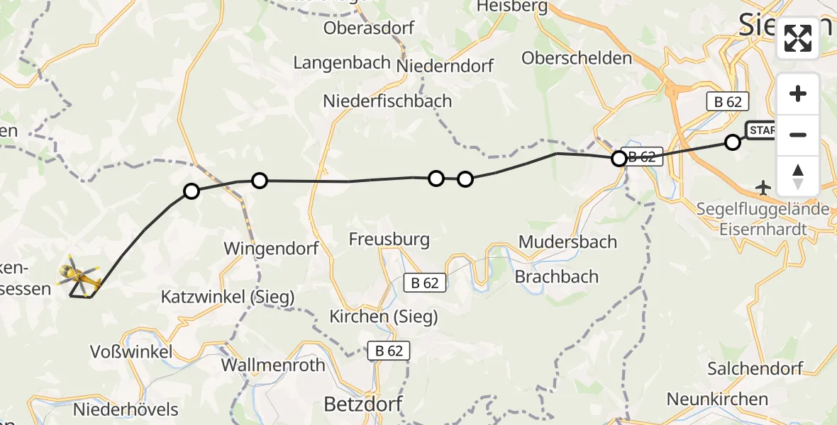 Flugroute Rettungshubschrauber Evangelisches Jung-Stilling Hospital - Katzwinkel (Sieg), 14 September 2026, 15:37