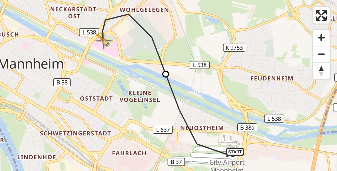 Flugroute Rettungshubschrauber Mannheim-City Flughafen - Mannheim, 14 September 2026, 15:38
