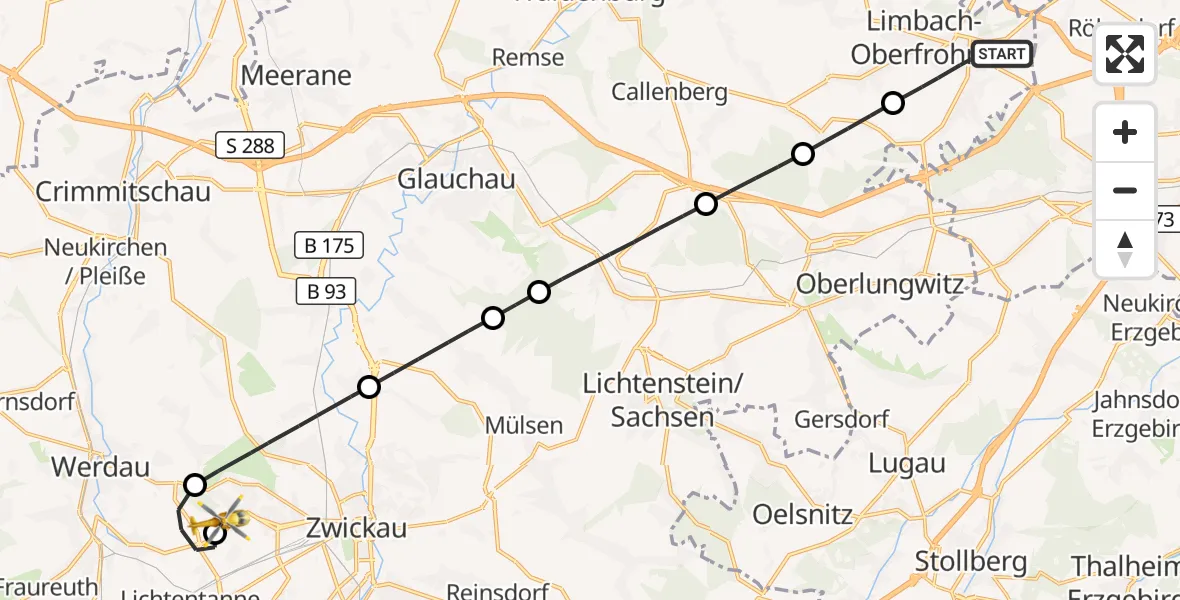 Flugroute Rettungshubschrauber Limbach-Oberfrohna - ADAC Air Rescue Station Zwickau Hubschrauberlandeplatz, 14 September 2026, 15:50