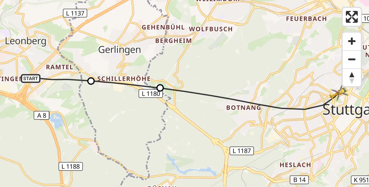 Flugroute Rettungshubschrauber Leonberg - Stuttgart, 14 September 2026, 15:51