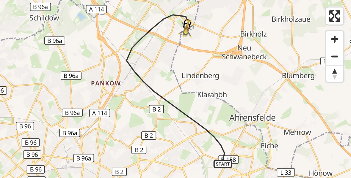 Flugroute Rettungshubschrauber Berlin - Helios Clinic Berlin-Buch, 14 September 2026, 15:52