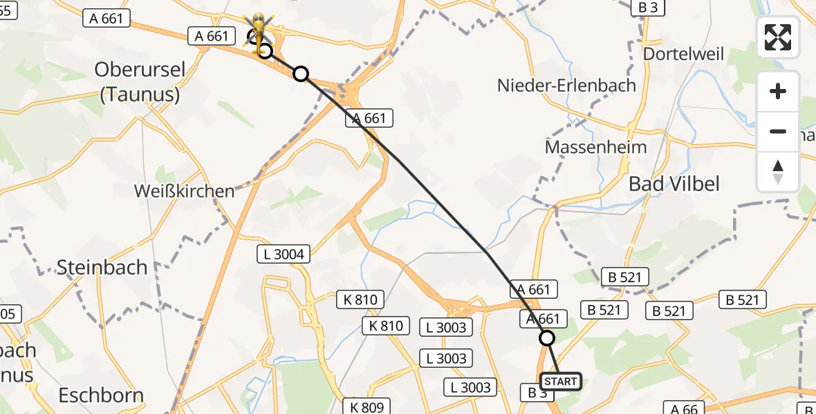 Flugroute Rettungshubschrauber Frankfurt am Main Accident Hospital Roof Helipad (CHX2) - Hochtaunus Hospital, 14 September 2026, 16:01