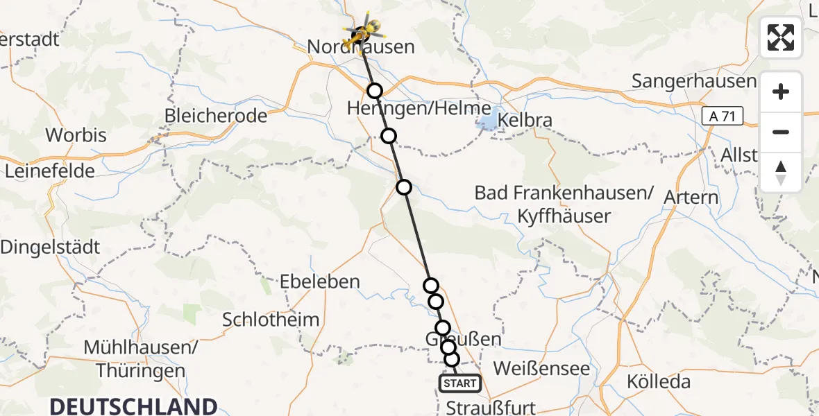 Flugroute Rettungshubschrauber Gangloffsömmern - Südharz Hospital Nordhausen, 14 September 2026, 16:08