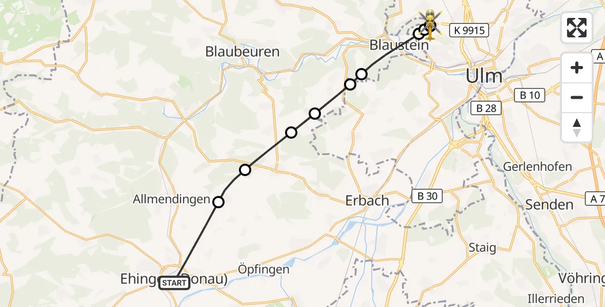 Flugroute Rettungshubschrauber Ehingen (Donau) - ADAC Air Rescue Station Ulm (Christoph 22), 14 September 2026, 16:26
