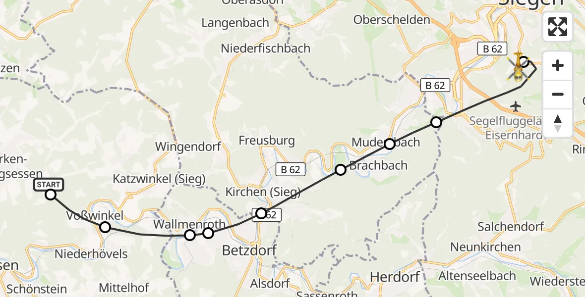 Flugroute Rettungshubschrauber Birken-Honigsessen - Evangelisches Jung-Stilling Hospital, 14 September 2026, 16:27
