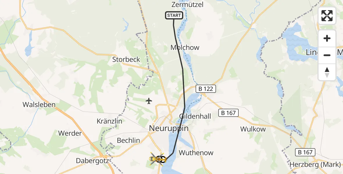 Flugroute Rettungshubschrauber Neuruppin - Rupin Hospital, 14 September 2026, 16:28