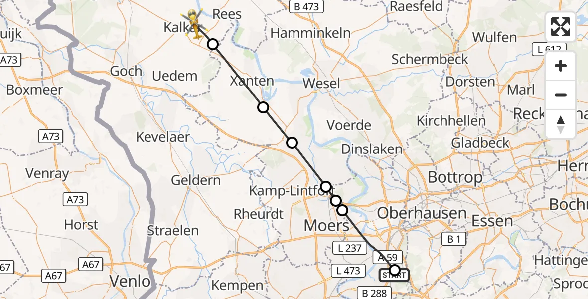 Flugroute Rettungshubschrauber Duisburg Air Rescue Hubschrauberlandeplatz (Christoph 9) - Kalkar, 14 September 2026, 16:35