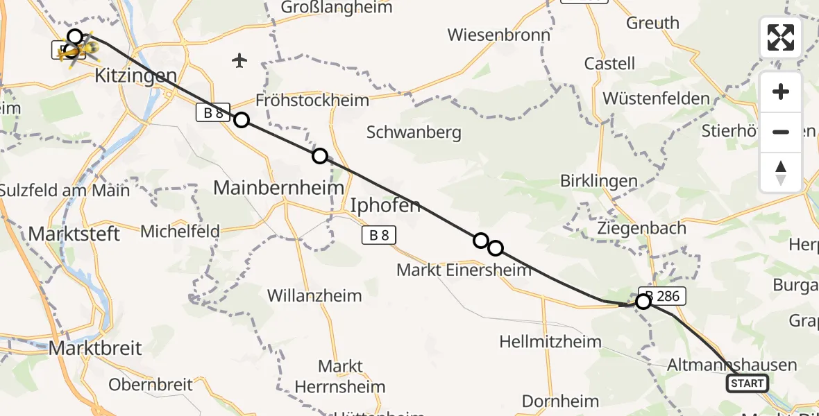 Flugroute Rettungshubschrauber Markt Bibart - Kitzingen Hospital, 14 September 2026, 16:40