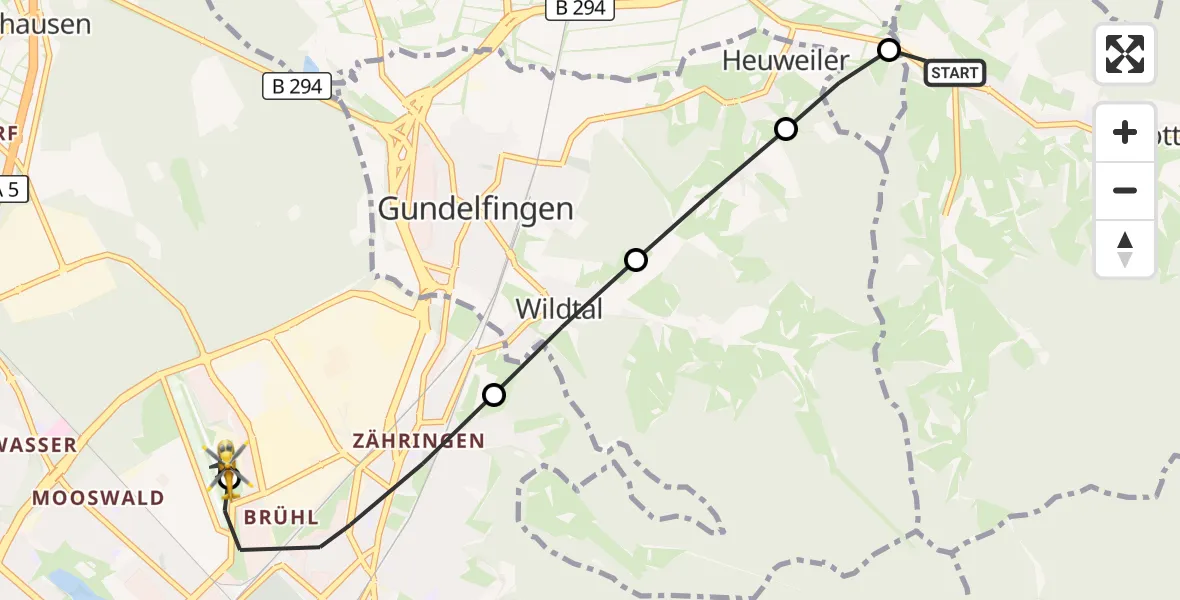 Flugroute Ambulanzhubschrauber Glottertal - Freiburg im Breisgau Flugplatz, 14 September 2026, 16:45