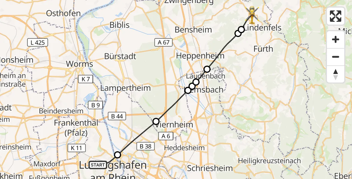 Flugroute Rettungshubschrauber Ludwigshafen am Rhein - Lindenfels, 14 September 2026, 16:46