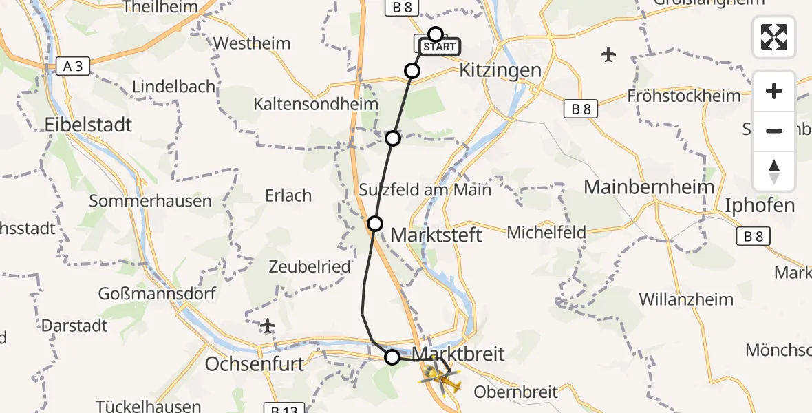 Flugroute Rettungshubschrauber Kitzingen Hospital - Marktbreit, 14 September 2026, 17:07