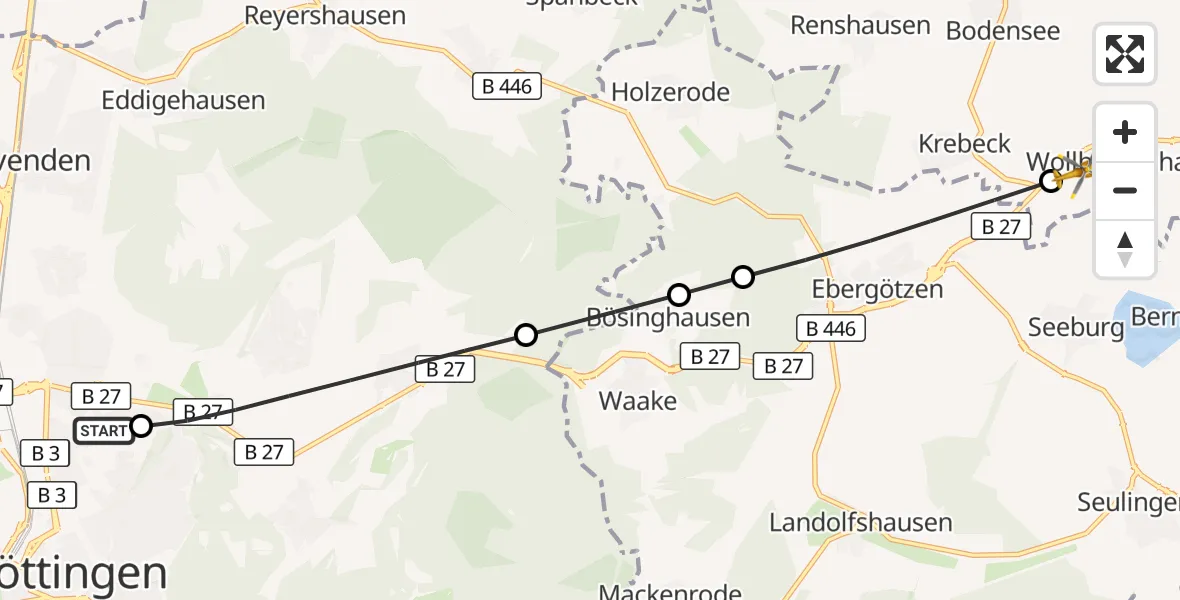 Flugroute Rettungshubschrauber Göttingen University Clinic Hubschrauberlandeplatz - Wollbrandshausen, 14 September 2026, 17:09