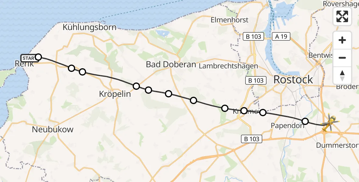 Flugroute Ambulanzhubschrauber Rerik - Dummerstorf, 14 September 2026, 17:10
