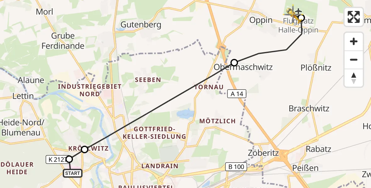 Flugroute Rettungshubschrauber Halle (Saale) University Hospital - Halle-Oppin Flugplatz, 14 September 2026, 17:14