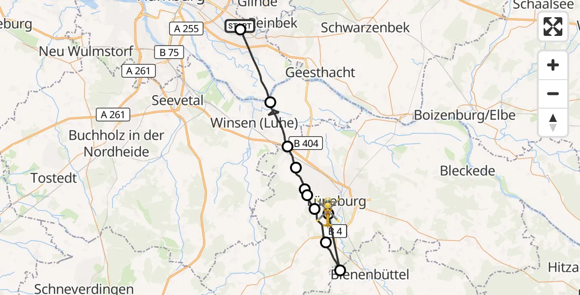 Flugroute Rettungshubschrauber Christoph Hansa ADAC Hubschrauberlandeplatz - Lüneburg, 14 September 2026, 17:23