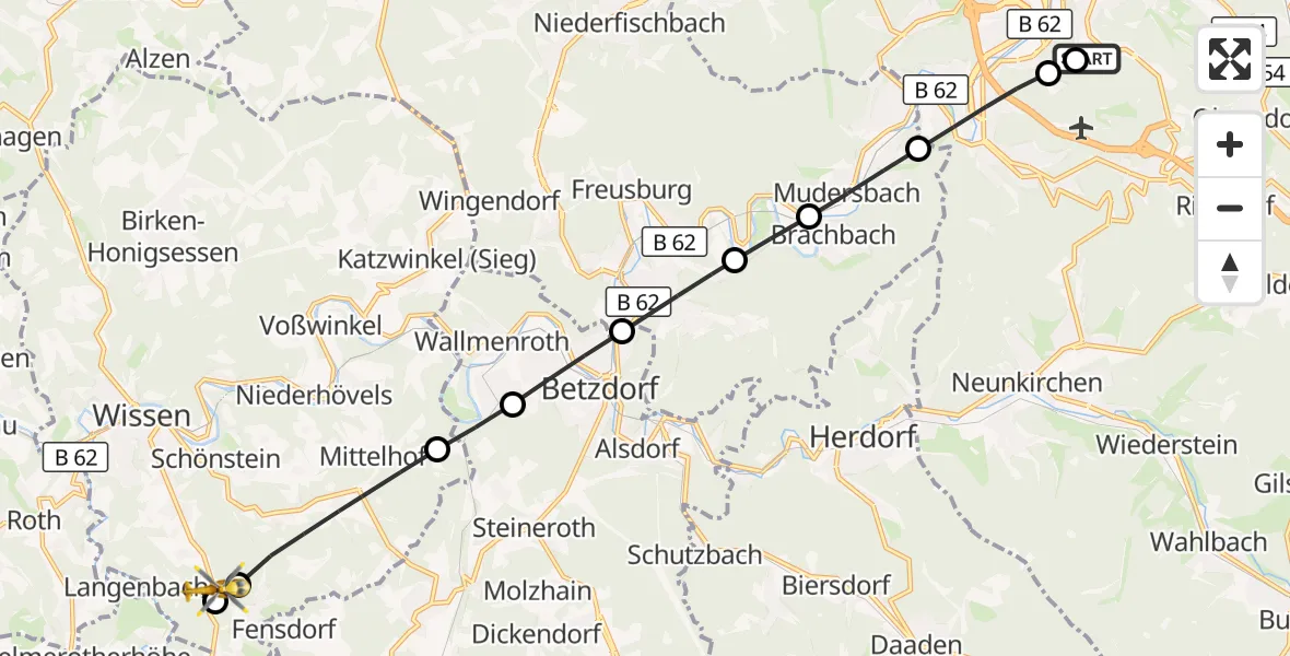 Flugroute Rettungshubschrauber Evangelisches Jung-Stilling Hospital - Wissen, 14 September 2026, 17:24