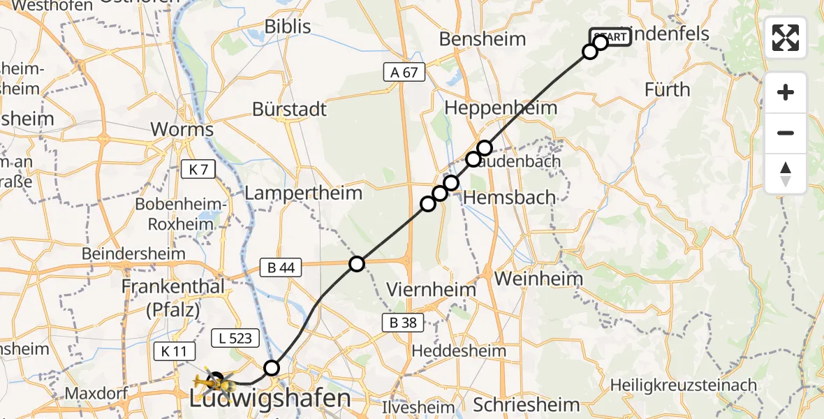 Flugroute Rettungshubschrauber Lindenfels - Ludwigshafen Accident Hospital, 14 September 2026, 17:26