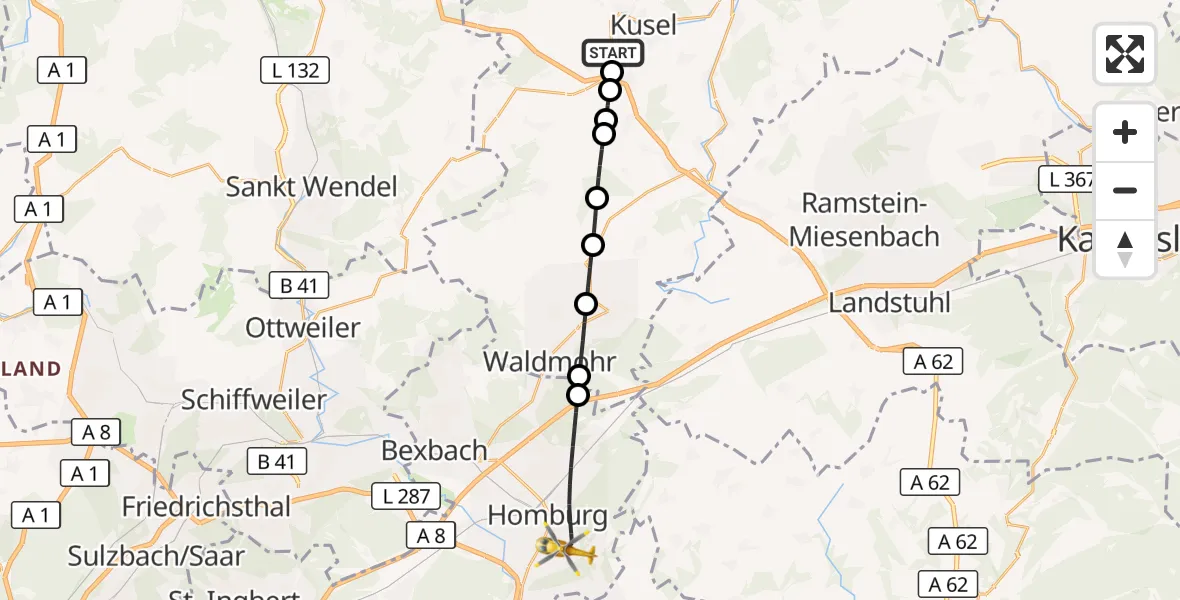 Flugroute Rettungshubschrauber Kusel - Homburg, 14 September 2026, 17:27