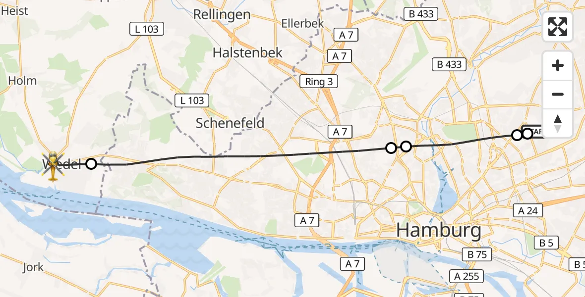 Flugroute Rettungshubschrauber Hamburg Military Hospital - Wedel, 14 September 2026, 17:29