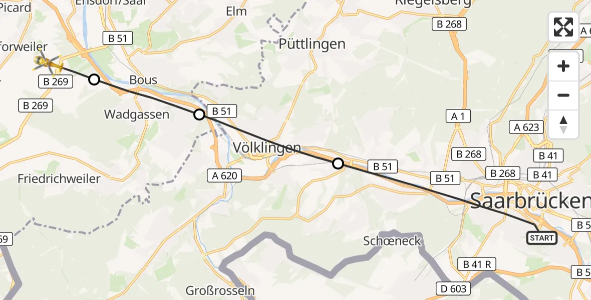 Flugroute Rettungshubschrauber Saarbrücken - Saarlouis, 14 September 2026, 17:41