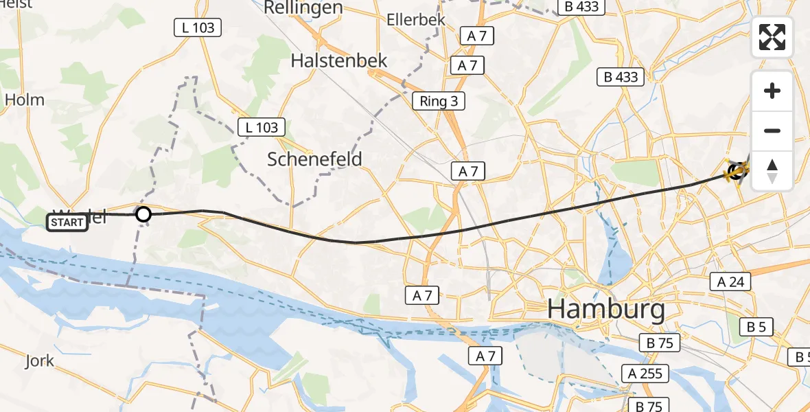 Flugroute Rettungshubschrauber Wedel - Hamburg Military Hospital, 14 September 2026, 18:05