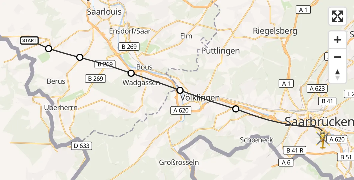 Flugroute Rettungshubschrauber Wallerfangen - Saarbrücken, 14 September 2026, 18:14