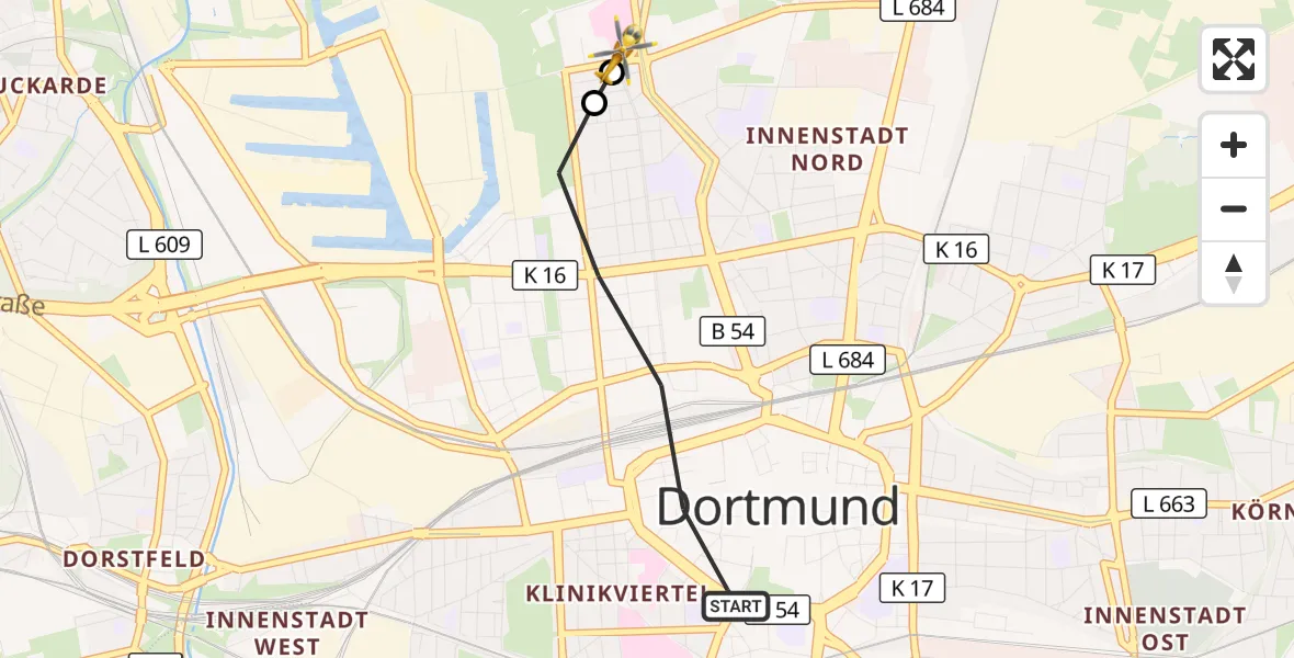 Flugroute Rettungshubschrauber Dortmund - Dortmund Hospital North, 14 September 2026, 18:21