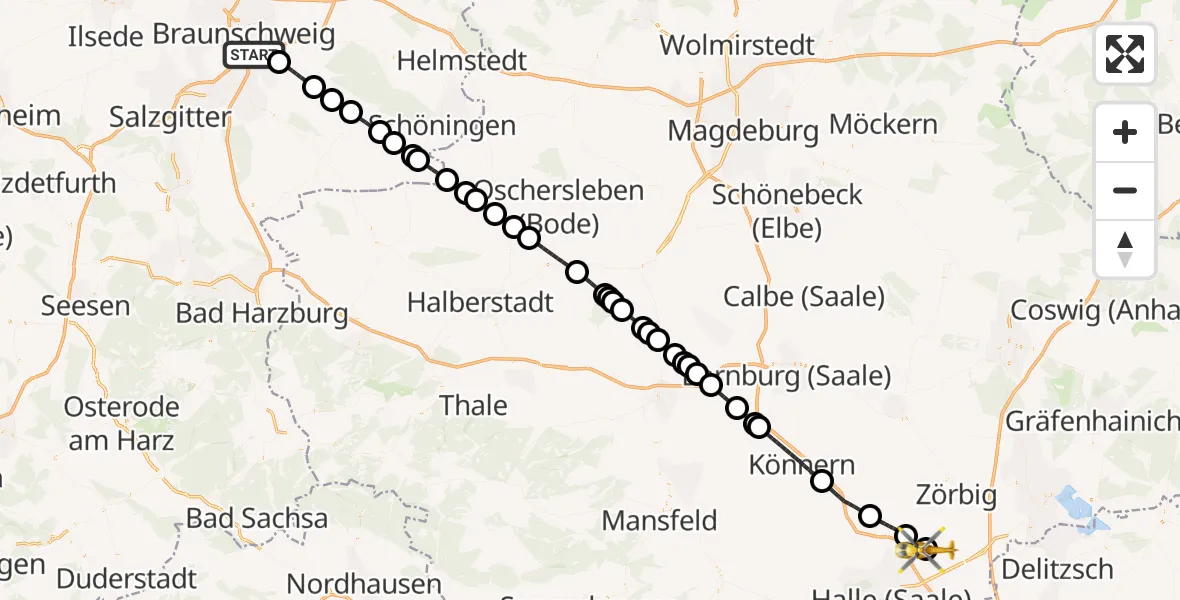 Flugroute Rettungshubschrauber Braunschweig - Halle-Oppin Flugplatz, 14 September 2026, 18:37
