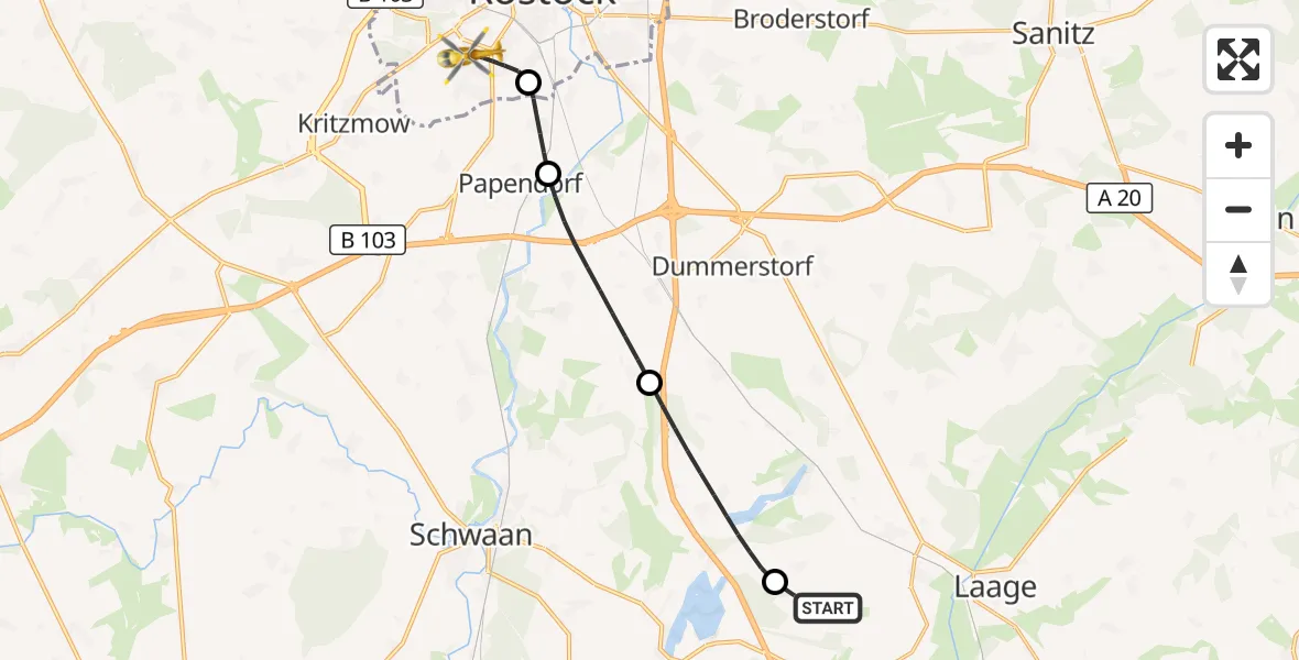 Flugroute Rettungshubschrauber Flughafen Rostock-Laage - Rostock, 14 September 2026, 19:22