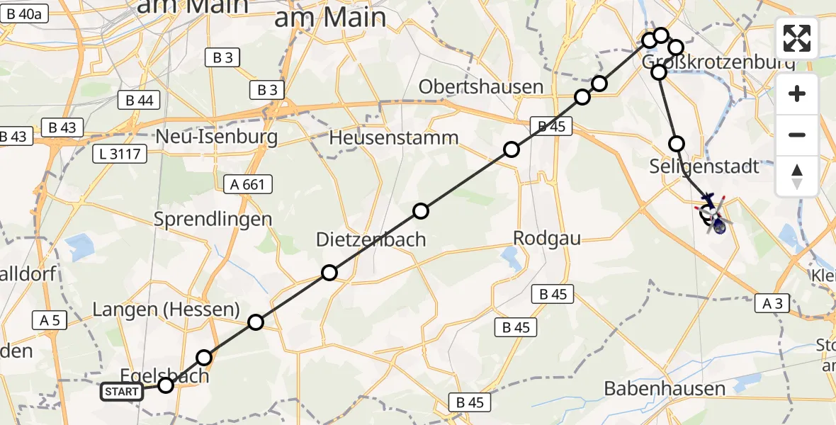 Flugroute Polizeihubschrauber Flughafen Frankfurt-Egelsbach - Seligenstadt, 14 September 2026, 19:39