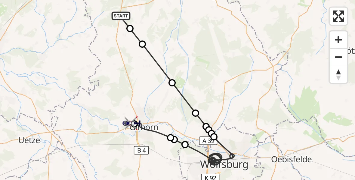 Flugroute Polizeihubschrauber Groß Oesingen - Gifhorn Bundespolizei Hubschrauberlandeplatz, 14 September 2026, 19:54
