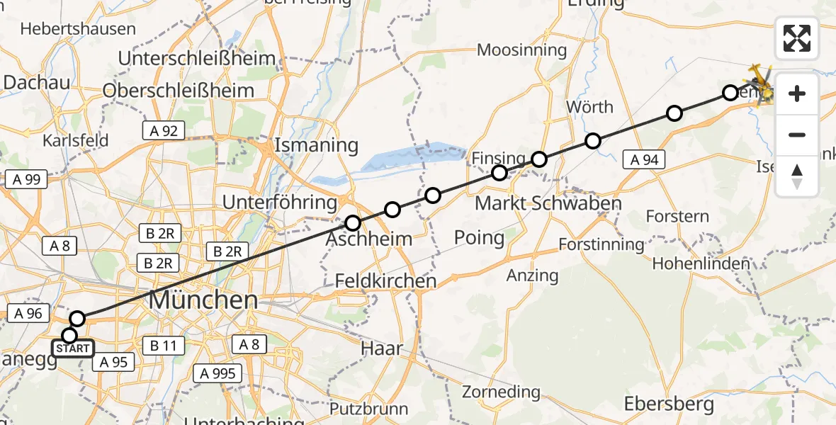 Flugroute Rettungshubschrauber DRF Air Rescue München Hubschrauberlandeplatz - Lengdorf, 14 September 2026, 20:40