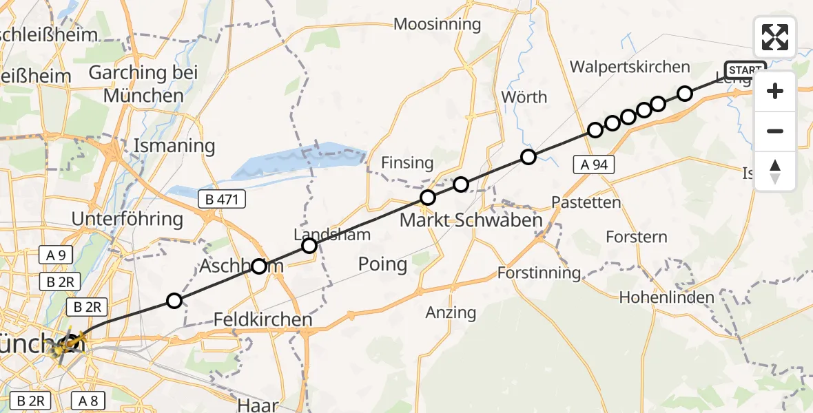 Flugroute Rettungshubschrauber Lengdorf - Rechts der Isar University Hospital, 14 September 2026, 21:19