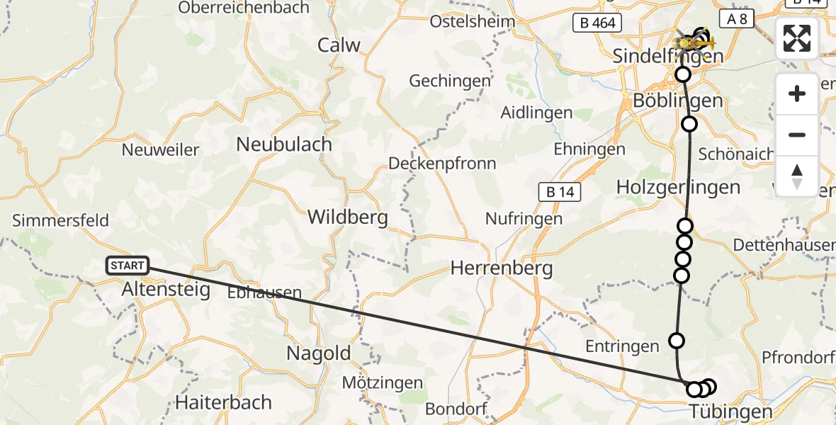 Flugroute Ambulanzhubschrauber Altensteig - Sindelfingen Hospital, 14 September 2026, 21:48