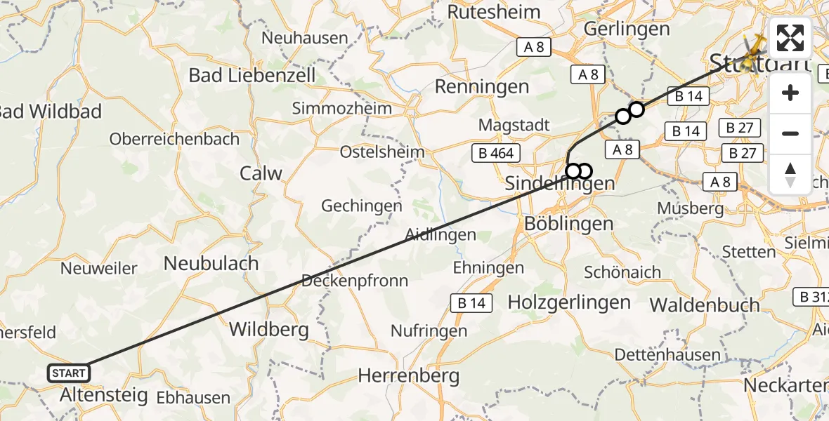 Flugroute Ambulanzhubschrauber Altensteig - Stuttgart, 14 September 2026, 22:39