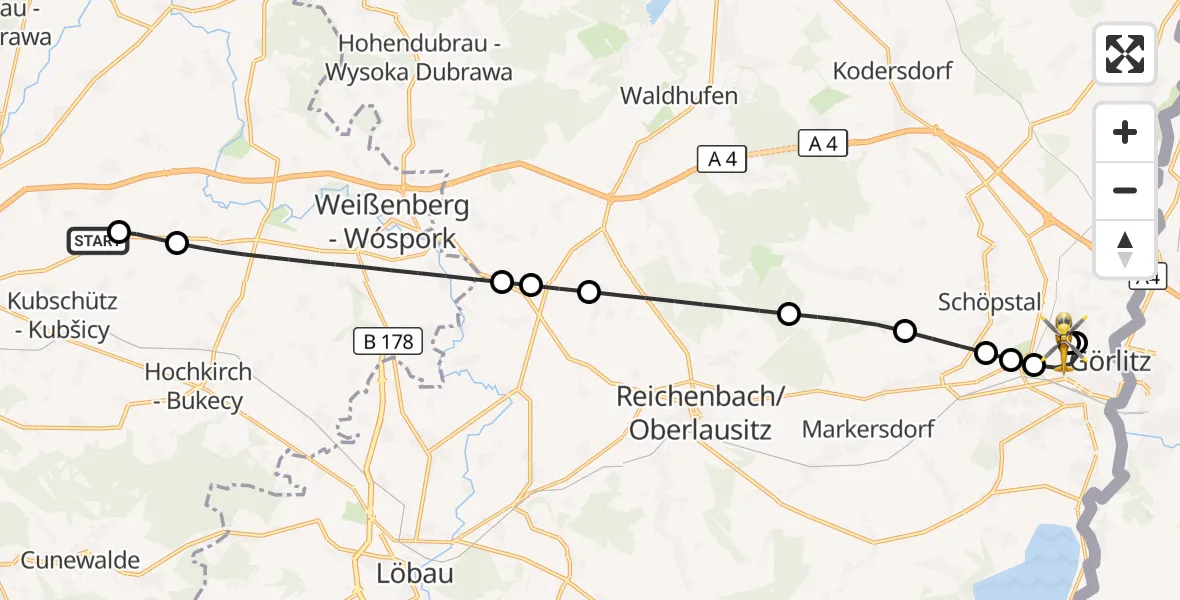 Flugroute Rettungshubschrauber Bautzen Flugplatz - Görlitz Hospital, 14 September 2026, 22:40