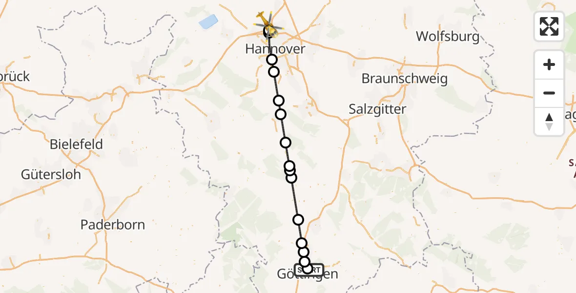 Flugroute Rettungshubschrauber Göttingen University Clinic Hubschrauberlandeplatz - Flughafen Hannover, 15 September 2026, 00:38