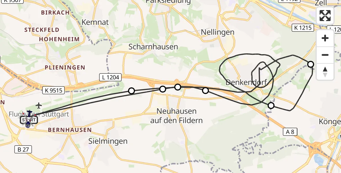 Flugroute Polizeihubschrauber Flughafen Stuttgart - Flughafen Stuttgart, 15 September 2026, 01:22