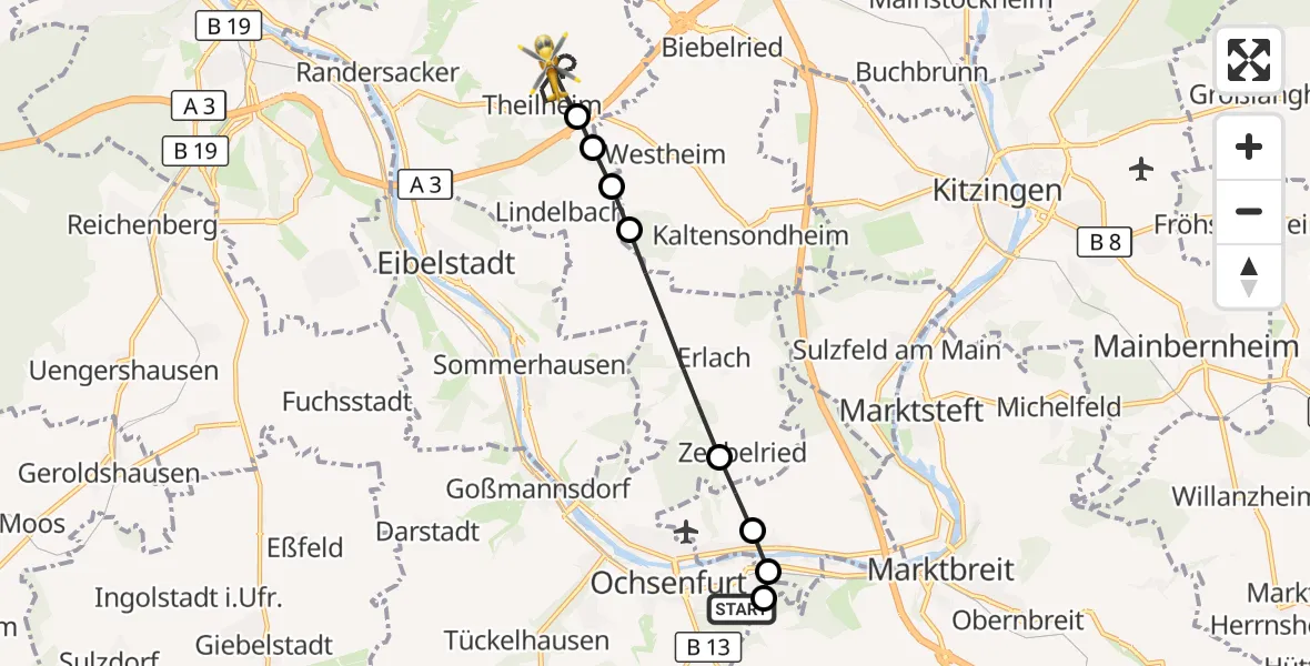 Flugroute Rettungshubschrauber Ochsenfurt Hospital - Theilheim, 15 September 2026, 05:32