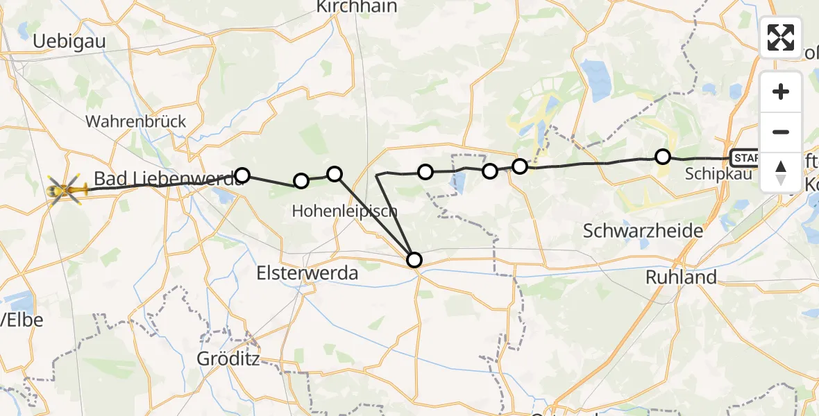 Flugroute Rettungshubschrauber Schipkau - Uebigau-Wahrenbrück, 15 September 2026, 05:43