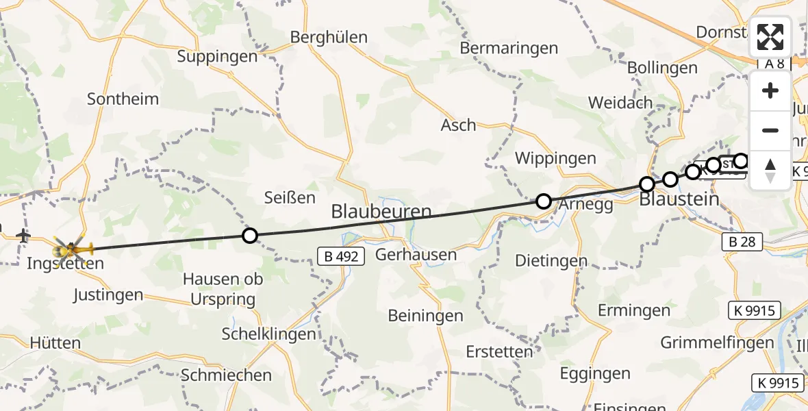 Flugroute Rettungshubschrauber Ulm Military Hospital Emergency - Schelklingen, 15 September 2026, 05:46