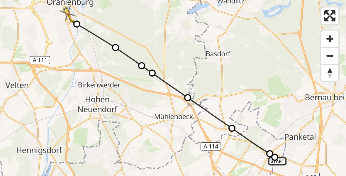 Flugroute Rettungshubschrauber Helios Clinic Berlin-Buch - Oranienburg, 15 September 2026, 05:48