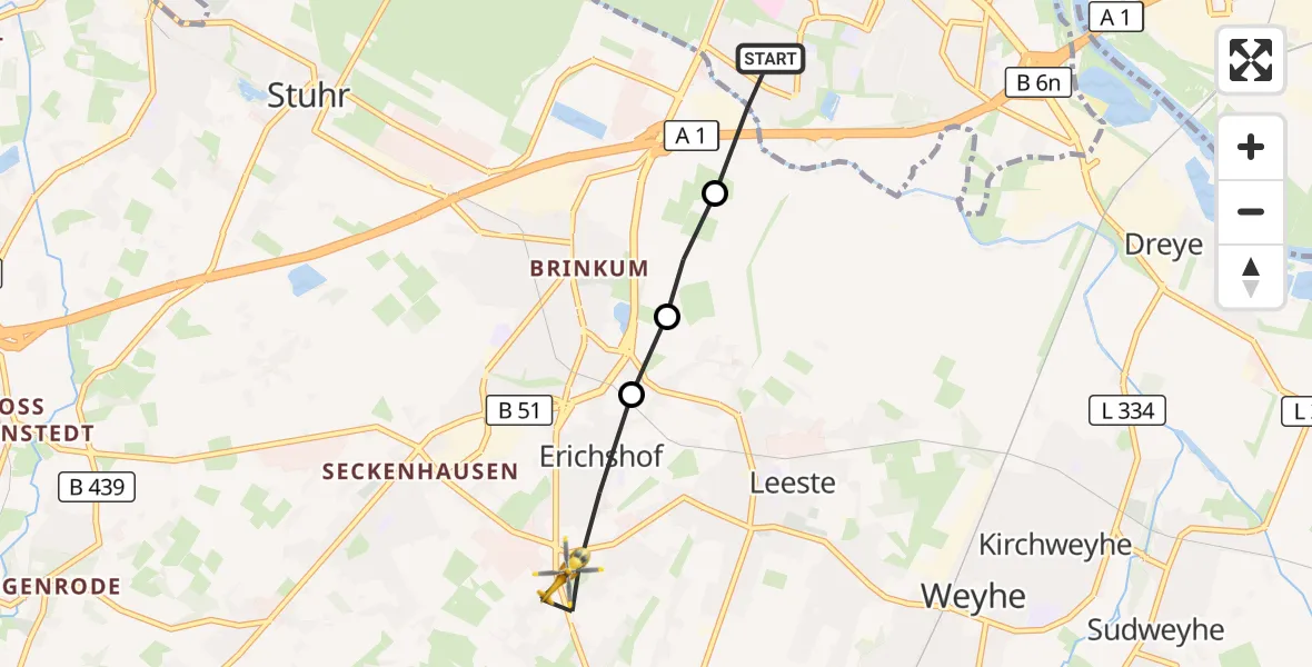 Flugroute Rettungshubschrauber Bremen - Weyhe, 15 September 2026, 05:57