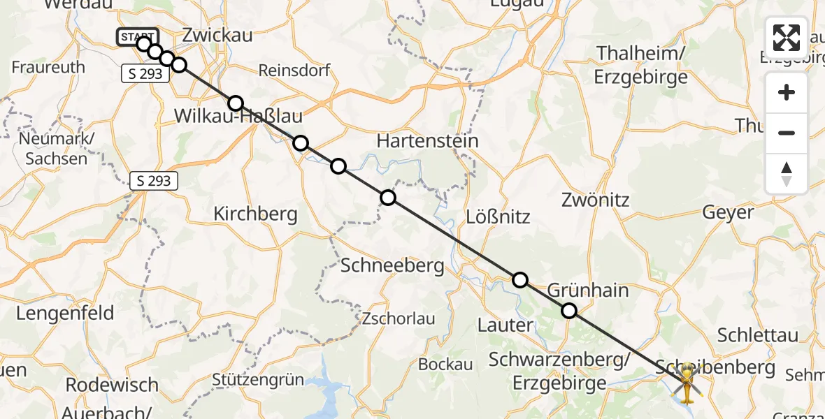 Flugroute Rettungshubschrauber ADAC Air Rescue Station Zwickau Hubschrauberlandeplatz - Raschau-Markersbach, 15 September 2026, 06:00