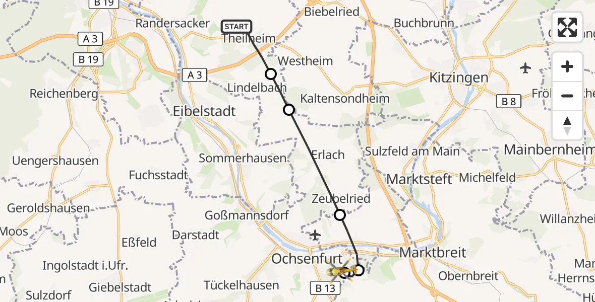 Flugroute Rettungshubschrauber Theilheim - Ochsenfurt Hospital, 15 September 2026, 06:14