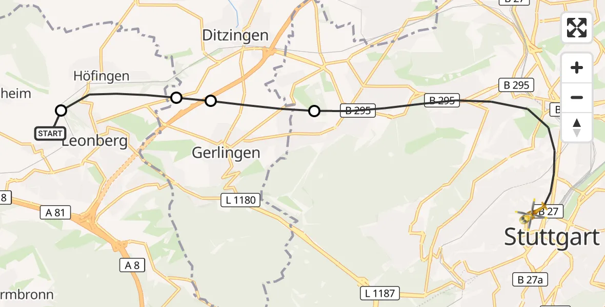 Flugroute Rettungshubschrauber Leonberg Hospital - Stuttgart, 15 September 2026, 06:16