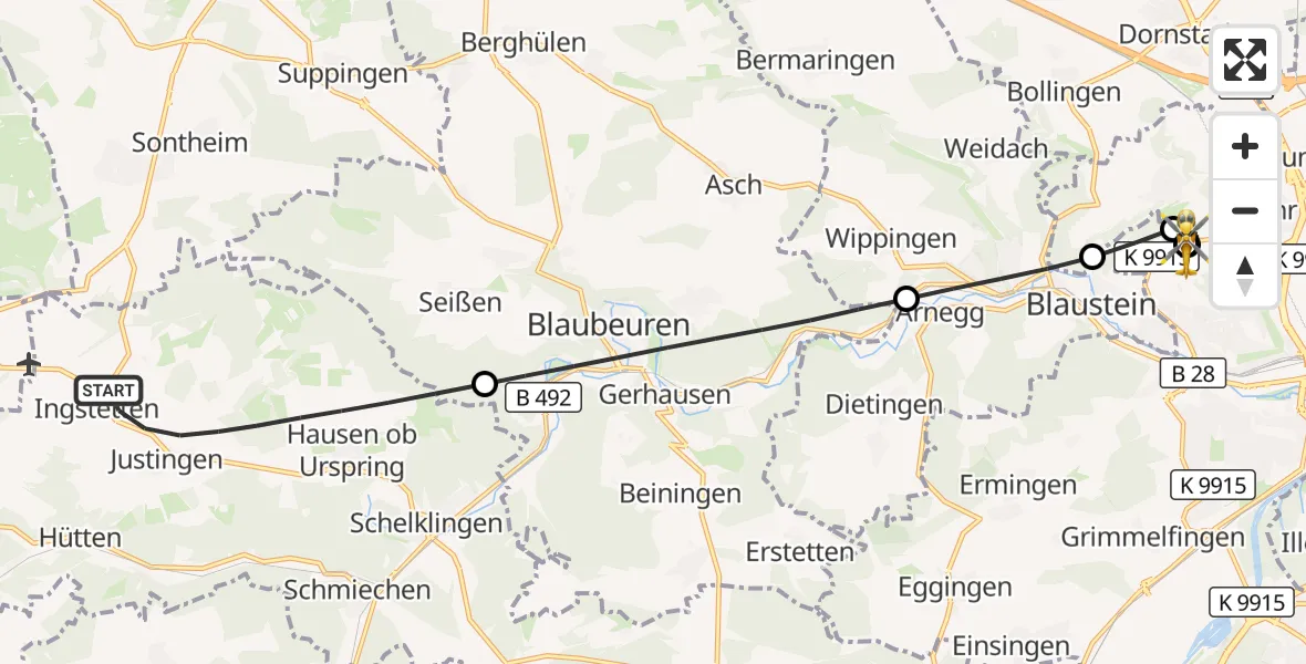 Flugroute Rettungshubschrauber Schelklingen - ADAC Air Rescue Station Ulm (Christoph 22), 15 September 2026, 06:19
