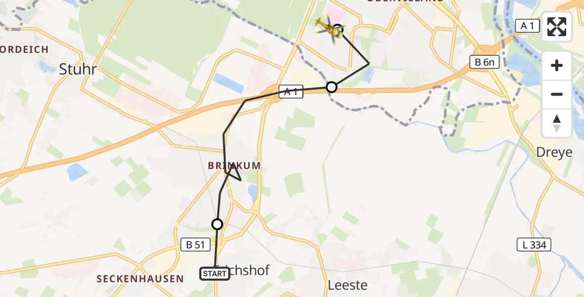 Flugroute Rettungshubschrauber Weyhe - ADAC Air Rescue Station Bremen Hubschrauberlandeplatz (Christoph 6), 15 September 2026, 06:55